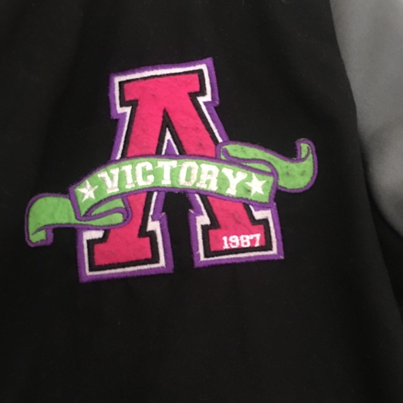 Black, gray and pink puffy varsity jacket. - Picture 2 of 5